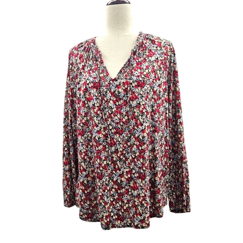 Chaps Floral Print Long Sleeve Top Red Blue Casual Blouse Flowy Boho Peasant‎